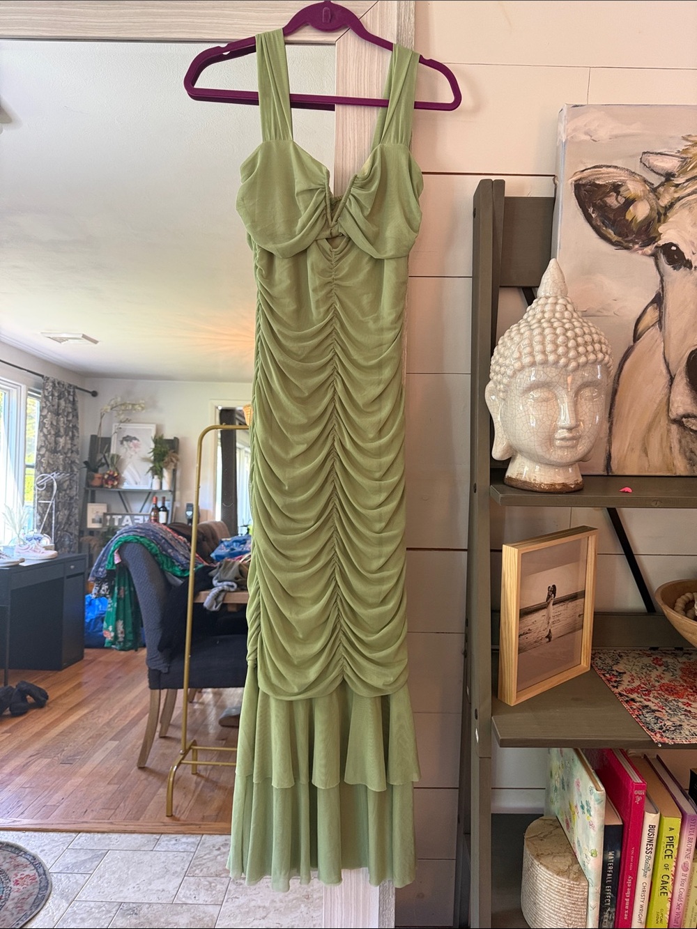 Green Ruched Maxi Dress with Tiered Hem